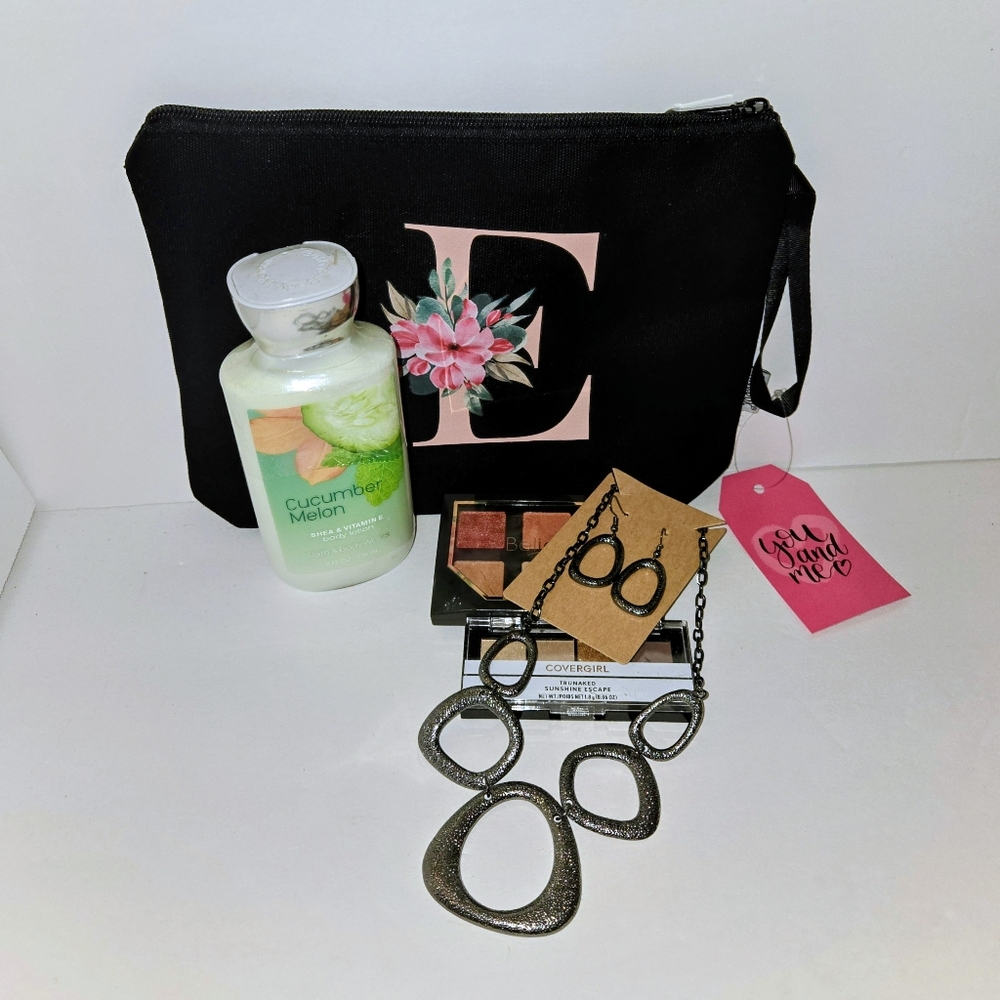Black Floral Initial E Cosmetic Pouch Beauty Bundle NEW